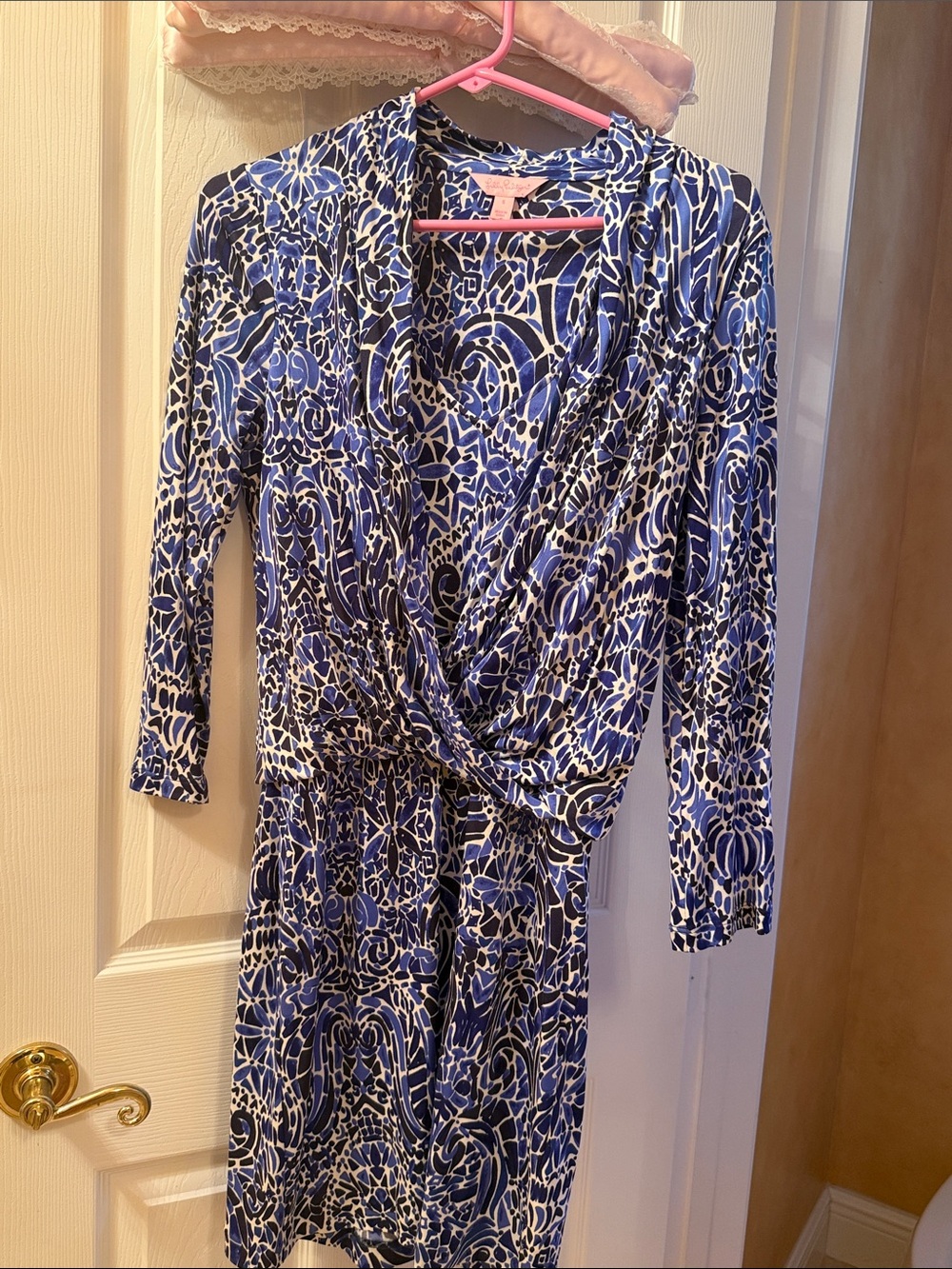 Lilly Pulitzer Navy, Royal Blue and White Long Sleeve Wrap Dress